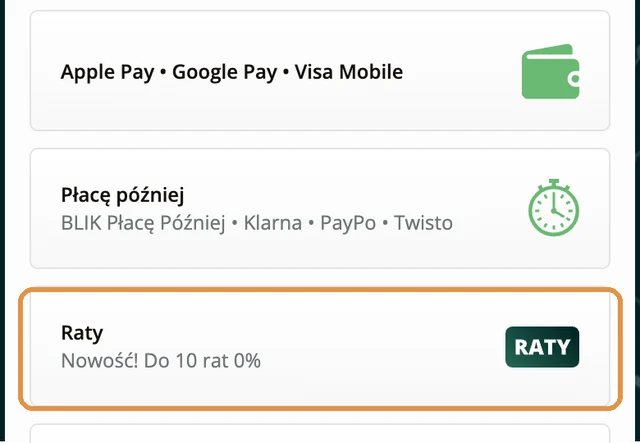 Strona PayU z opcją Raty, do 10 rat 0%