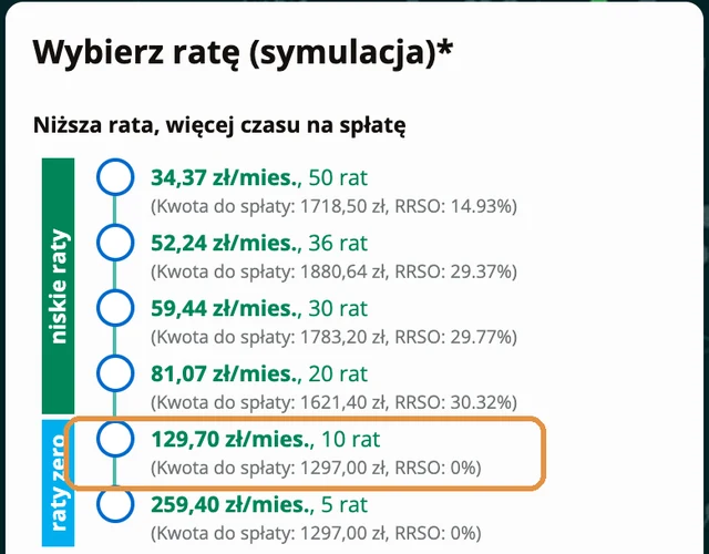 Wybór raty w PayU: 129,70 zł miesięcznie, 10 rat, RRSO 0%