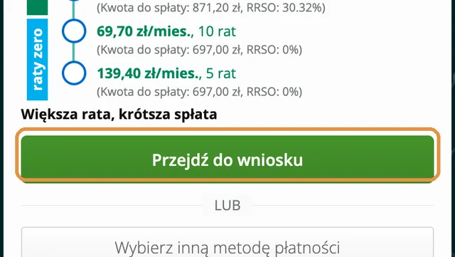 Przycisk Przejdź do wniosku w PayU